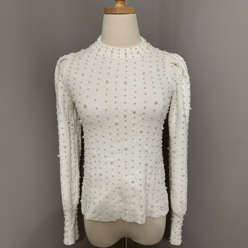 Express White Pearl-Embellished Sweater